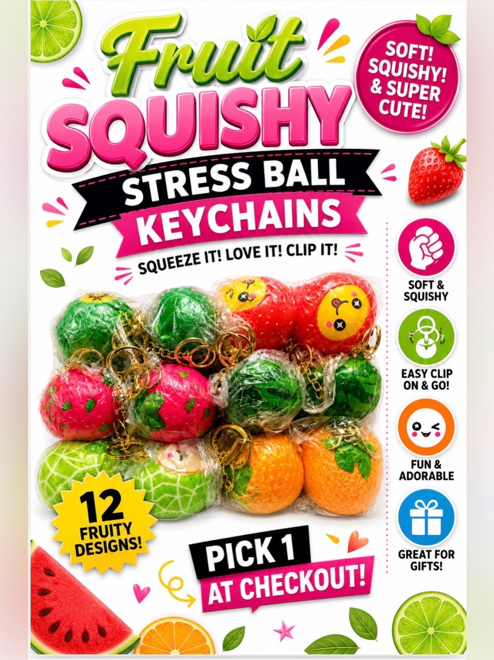 *BUY NOW* Stress Ball Fruit Keychain/Bag Charm - Pick 1